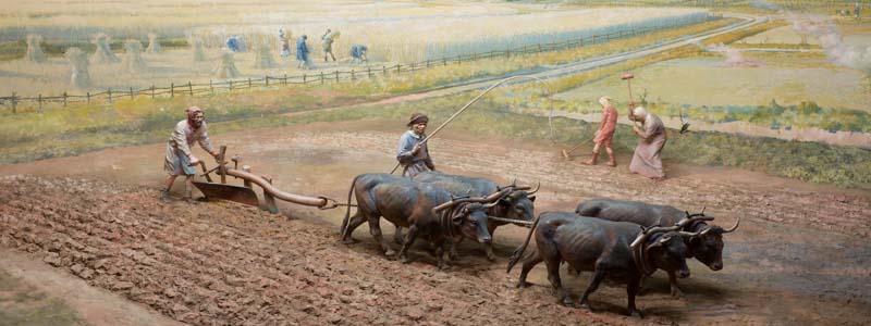 A diorama of farm work. Image includes workers, cattle and plough.